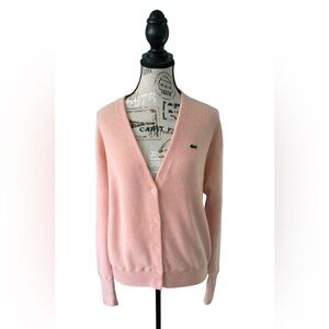 Lacoste Blush Pink Wool Cardigan V-Neck • Button Front • EU Size 38 (S/M)